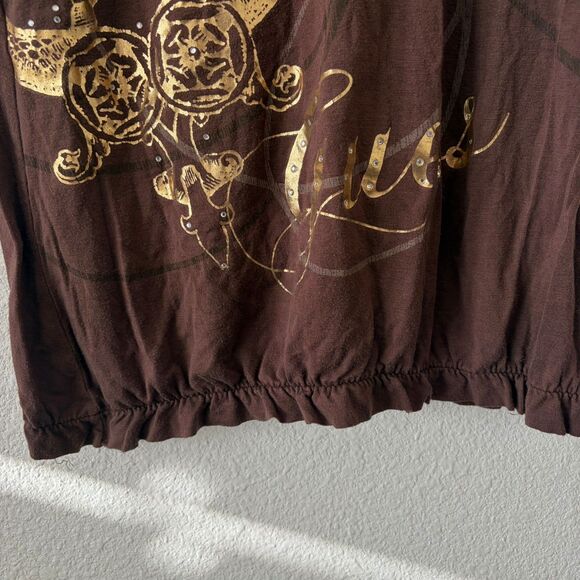 Vintage Guess Women's Top XS Dark Brown Bedazzled All Over Gold Foil Y2K 2000s - Picture 5 of 7